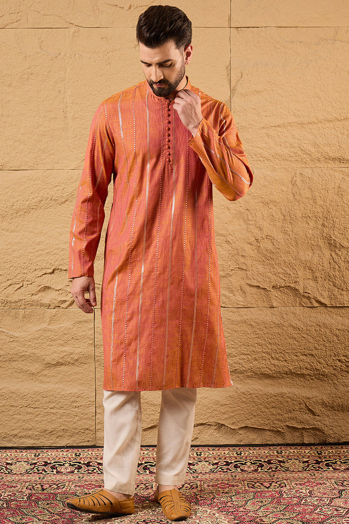 Mens Orange Pure Cotton Embroidered Straight Kurta