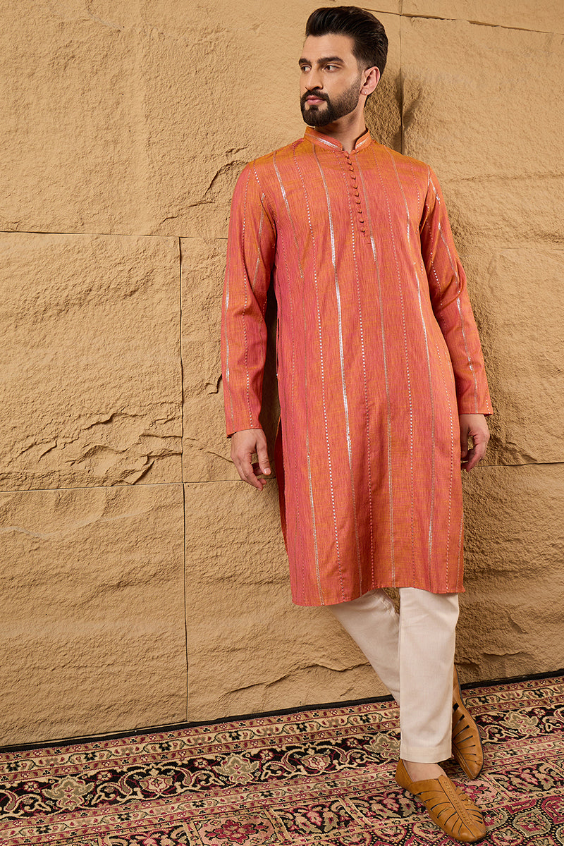 Mens Orange Pure Cotton Embroidered Straight Kurta