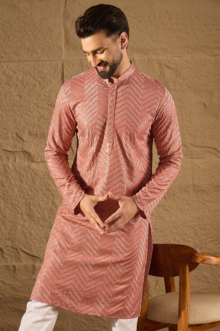 Mens Pink Viscose Rayon Solid Embroidered Straight Kurta
