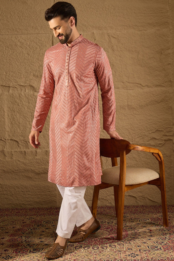 Mens Pink Viscose Rayon Solid Embroidered Straight Kurta