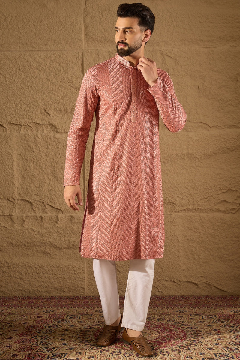 Mens Pink Viscose Rayon Solid Embroidered Straight Kurta