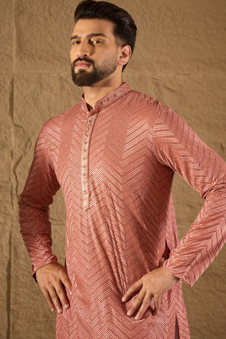 Mens Pink Viscose Rayon Solid Embroidered Straight Kurta