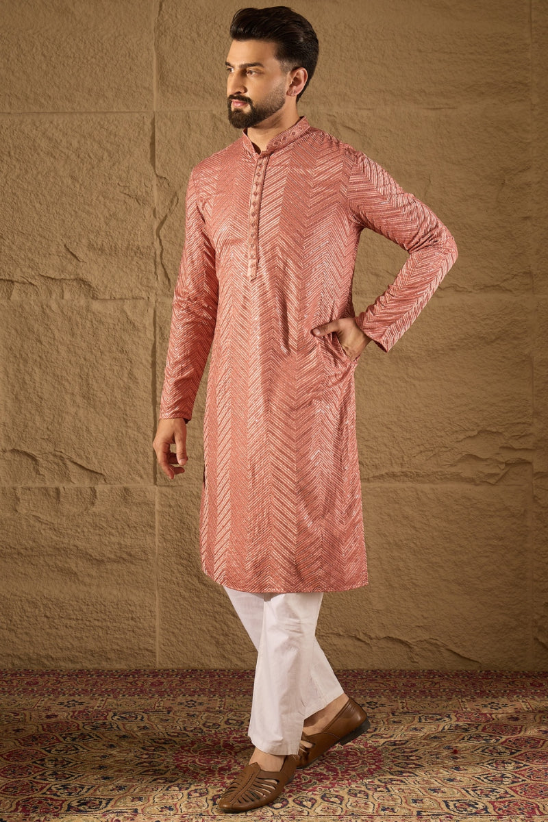 Mens Pink Viscose Rayon Solid Embroidered Straight Kurta