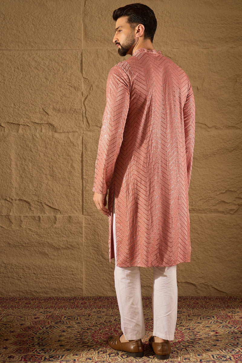 Mens Pink Viscose Rayon Solid Embroidered Straight Kurta