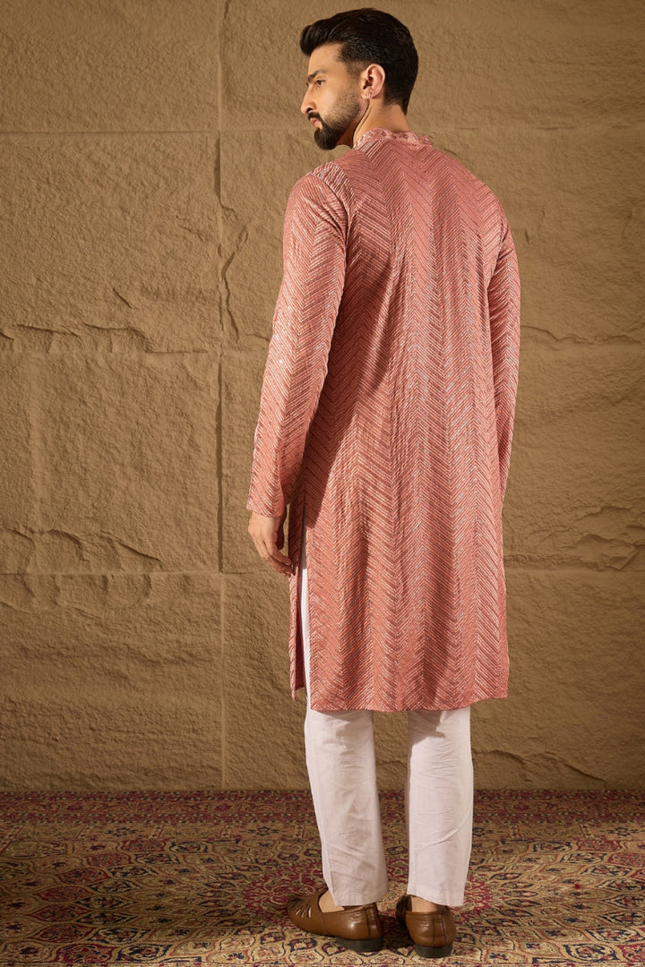 Mens Pink Viscose Rayon Solid Embroidered Straight Kurta