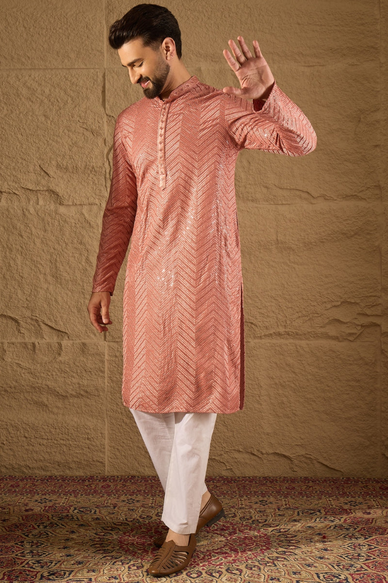 Mens Pink Viscose Rayon Solid Embroidered Straight Kurta