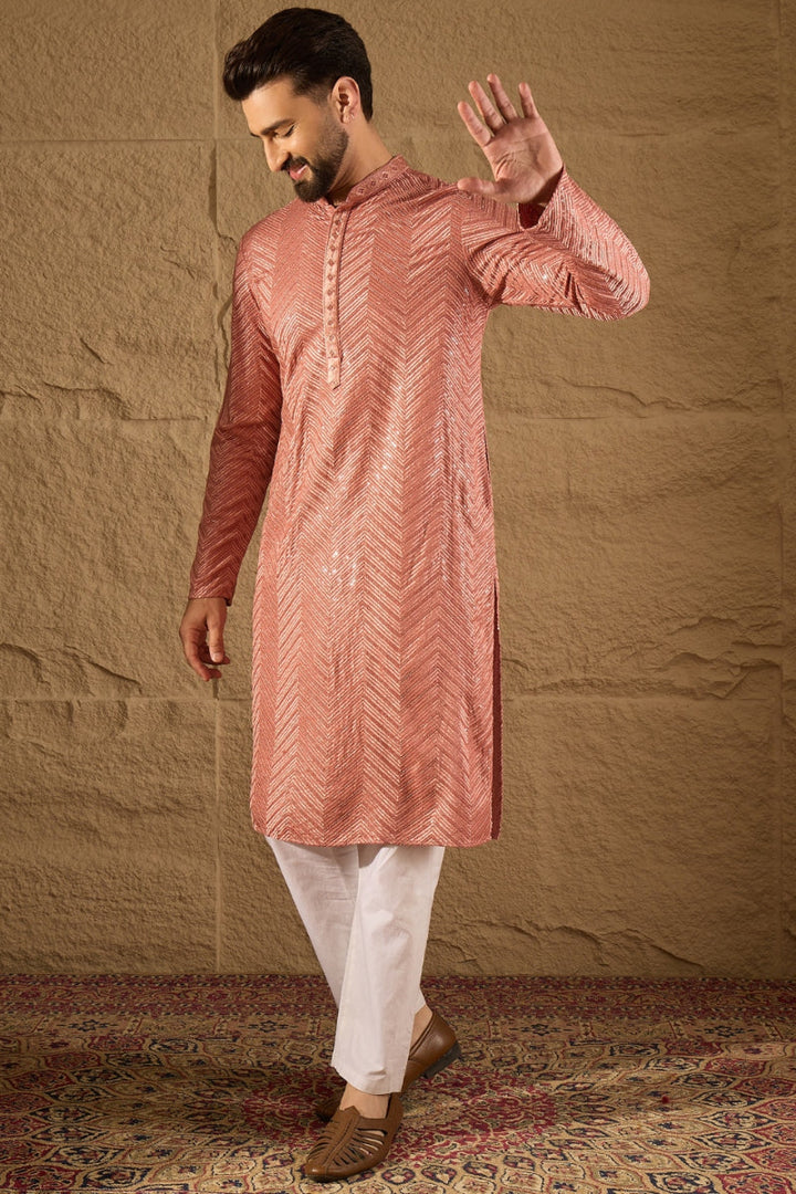 Mens Pink Viscose Rayon Solid Embroidered Straight Kurta