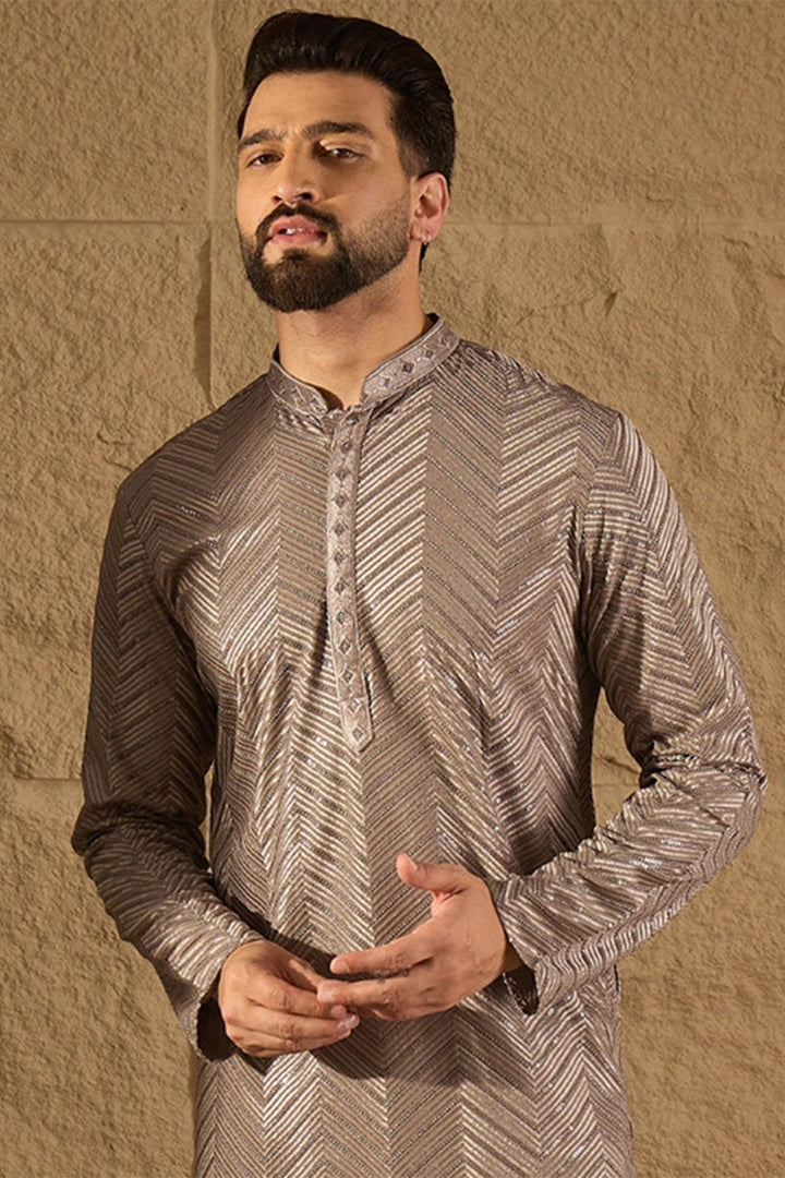 Mens Grey Viscose Rayon Solid Embroidered Straight Kurta