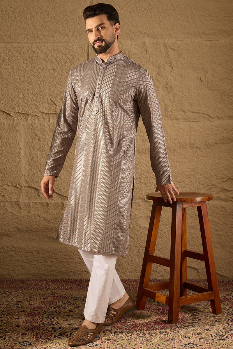 Mens Grey Viscose Rayon Solid Embroidered Straight Kurta