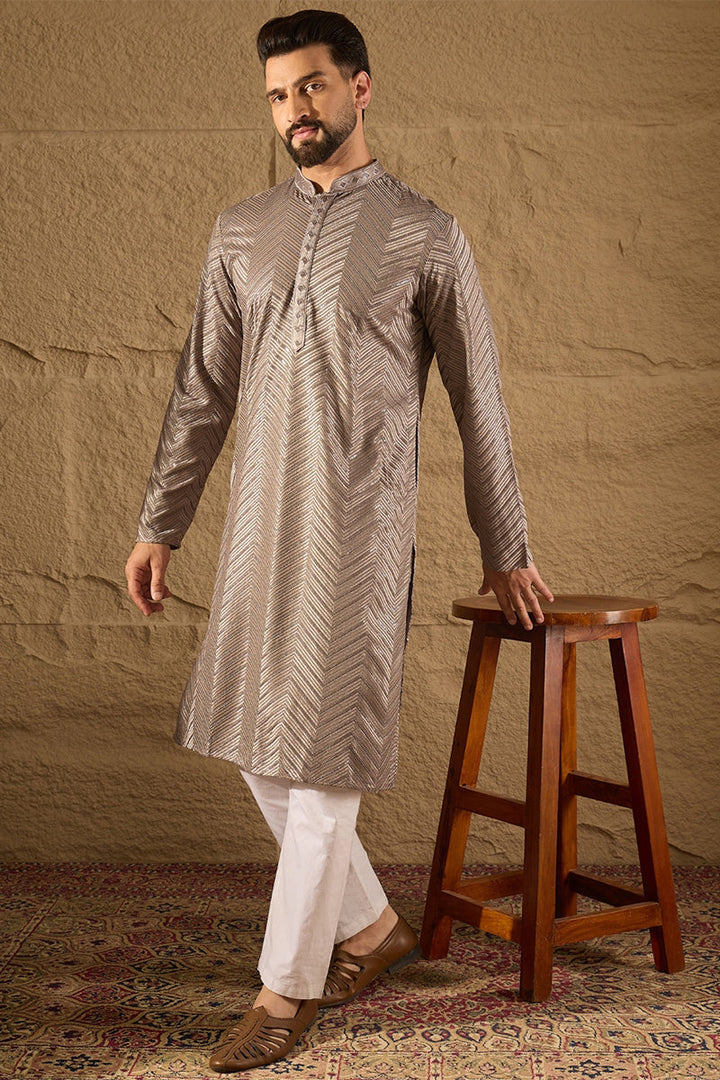 Mens Grey Viscose Rayon Solid Embroidered Straight Kurta
