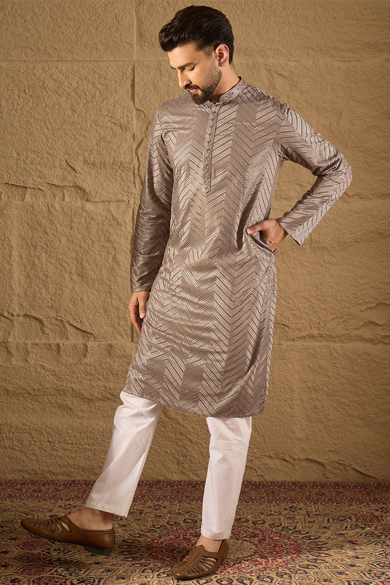 Mens Grey Viscose Rayon Solid Embroidered Straight Kurta