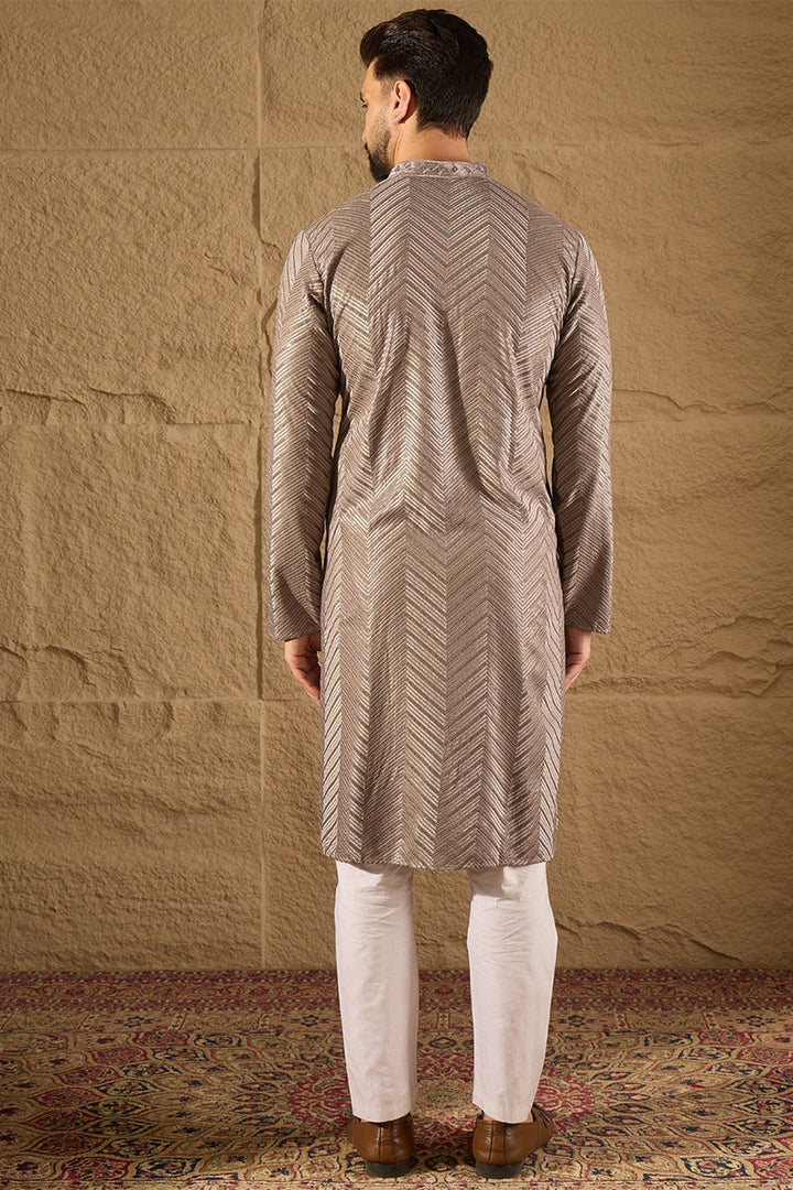 Mens Grey Viscose Rayon Solid Embroidered Straight Kurta