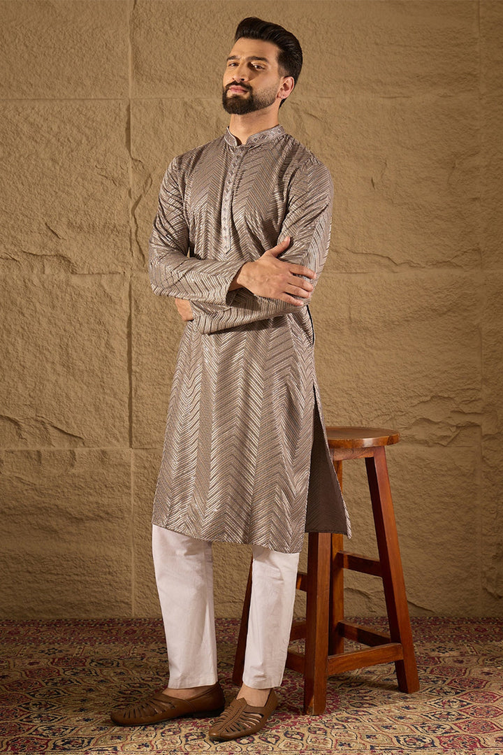 Mens Grey Viscose Rayon Solid Embroidered Straight Kurta