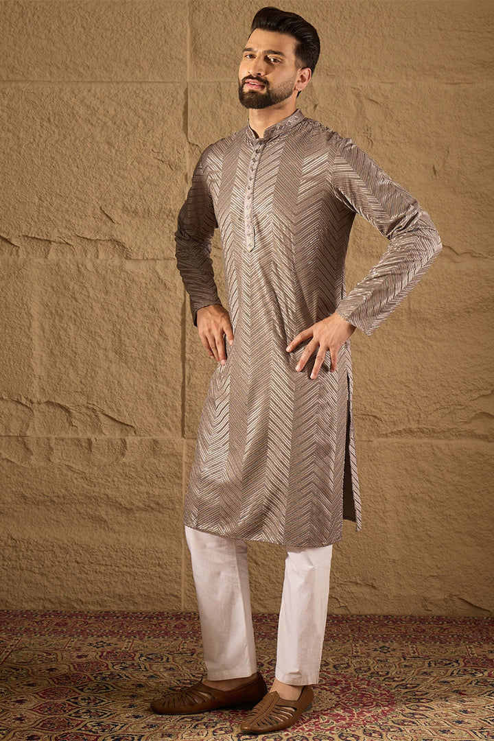 Mens Grey Viscose Rayon Solid Embroidered Straight Kurta