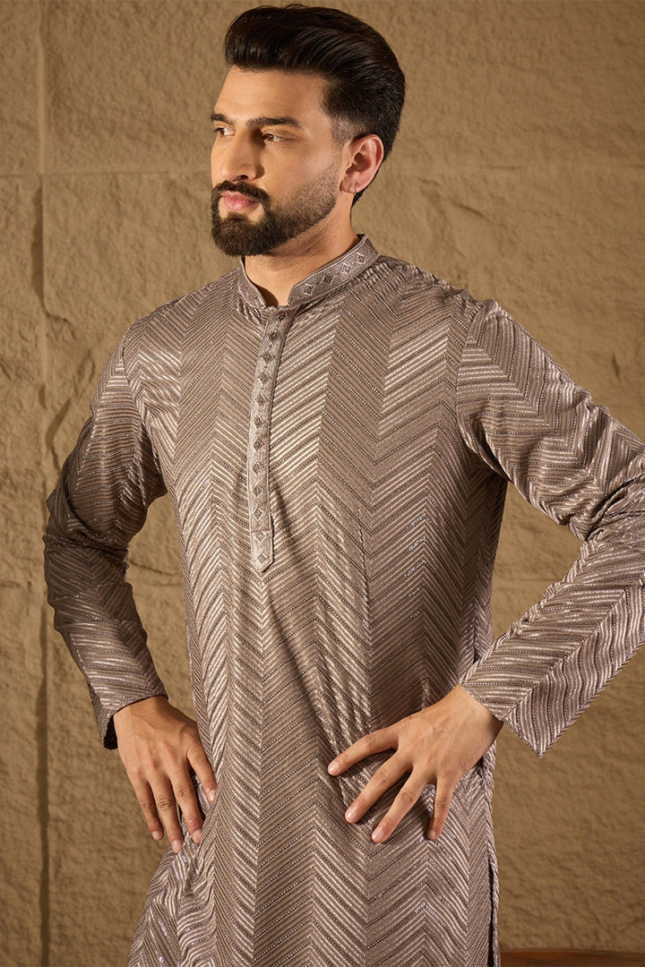 Mens Grey Viscose Rayon Solid Embroidered Straight Kurta