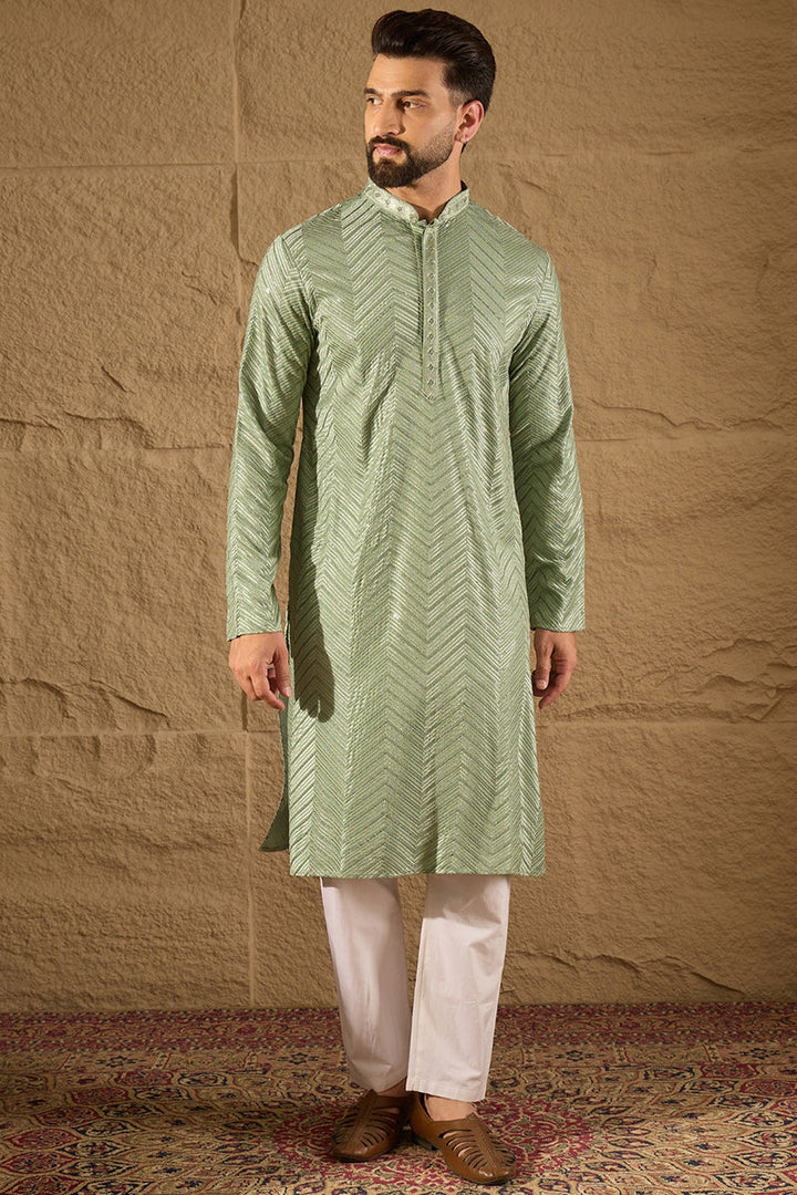 Mens Green Viscose Rayon Solid Embroidered Straight Kurta