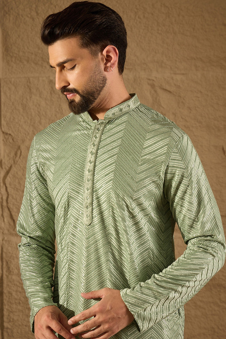 Mens Green Viscose Rayon Solid Embroidered Straight Kurta