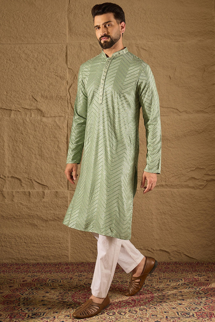 Mens Green Viscose Rayon Solid Embroidered Straight Kurta