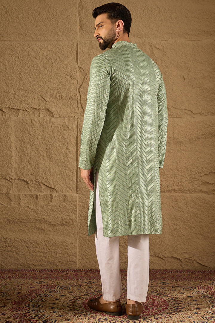 Mens Green Viscose Rayon Solid Embroidered Straight Kurta