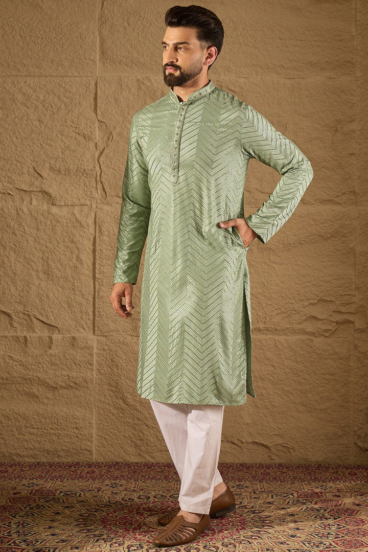 Mens Green Viscose Rayon Solid Embroidered Straight Kurta