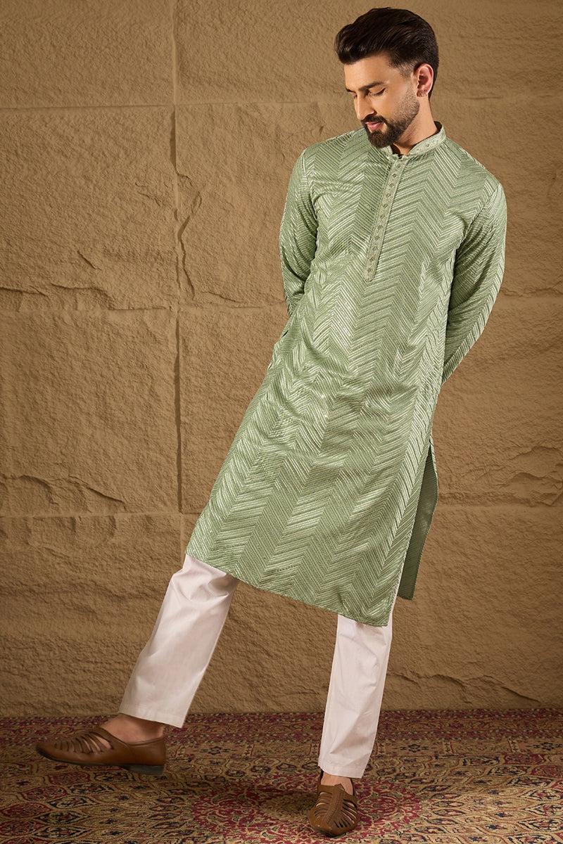 Mens Green Viscose Rayon Solid Embroidered Straight Kurta