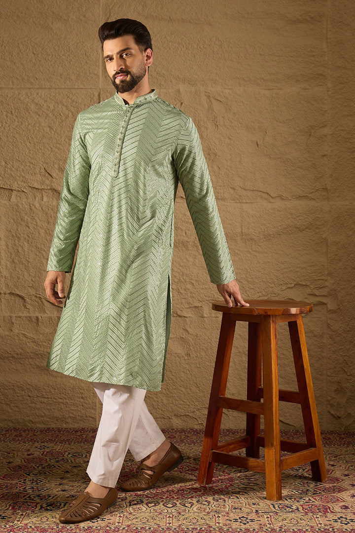 Mens Green Viscose Rayon Solid Embroidered Straight Kurta