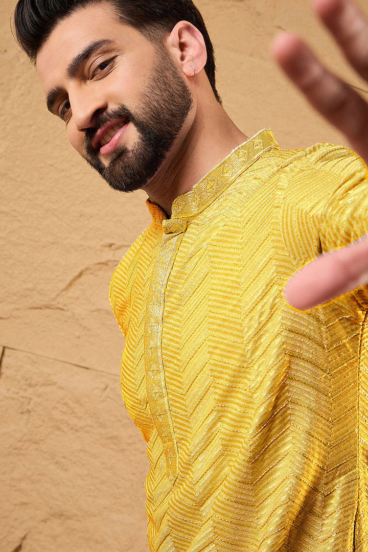 Mens Yellow Viscose Rayon Solid Embroidered Straight Kurta