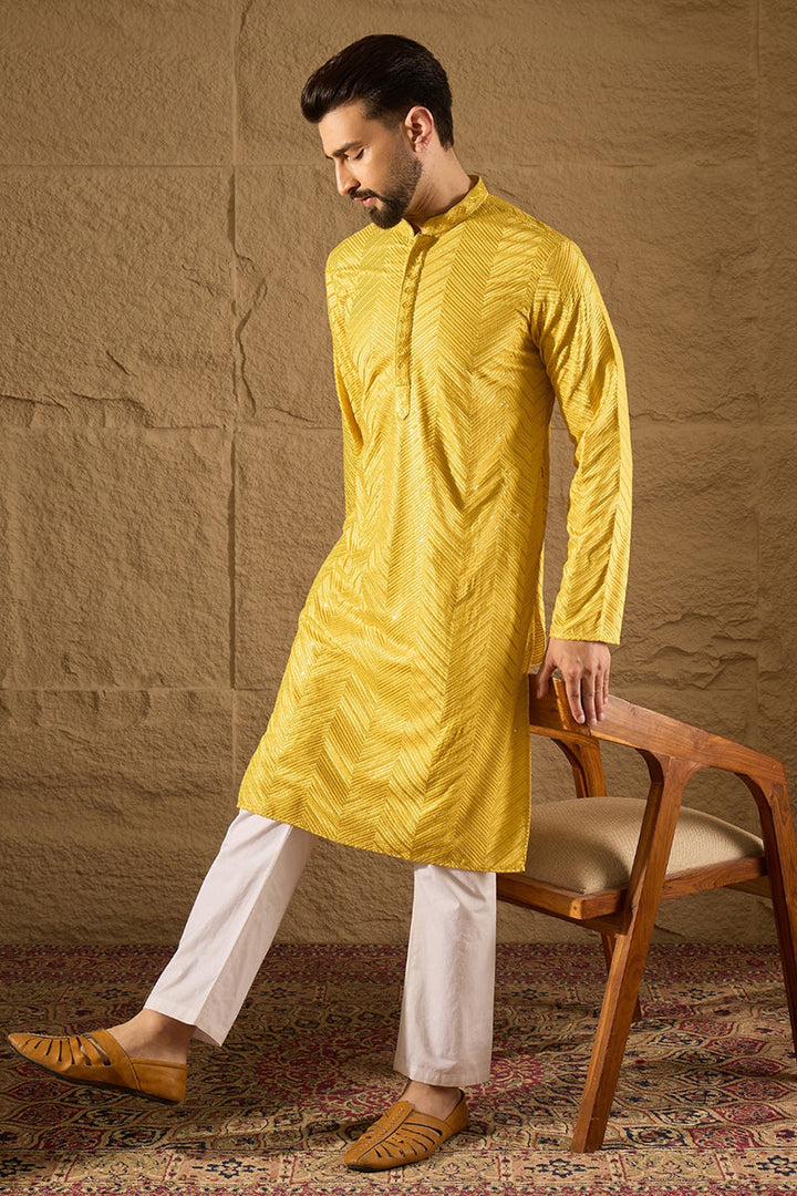 Mens Yellow Viscose Rayon Solid Embroidered Straight Kurta