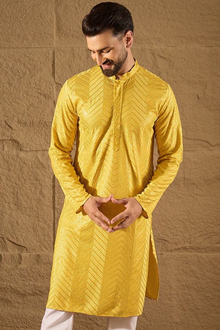 Mens Yellow Viscose Rayon Solid Embroidered Straight Kurta