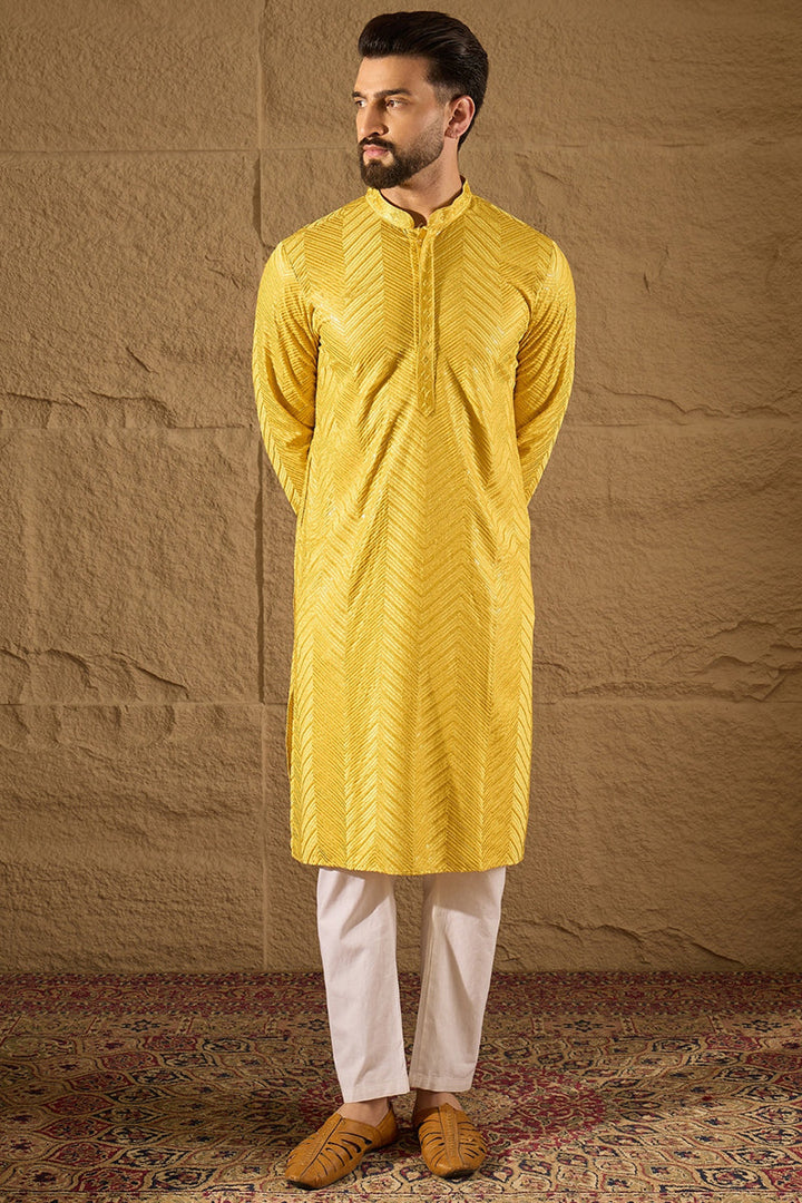 Mens Yellow Viscose Rayon Solid Embroidered Straight Kurta