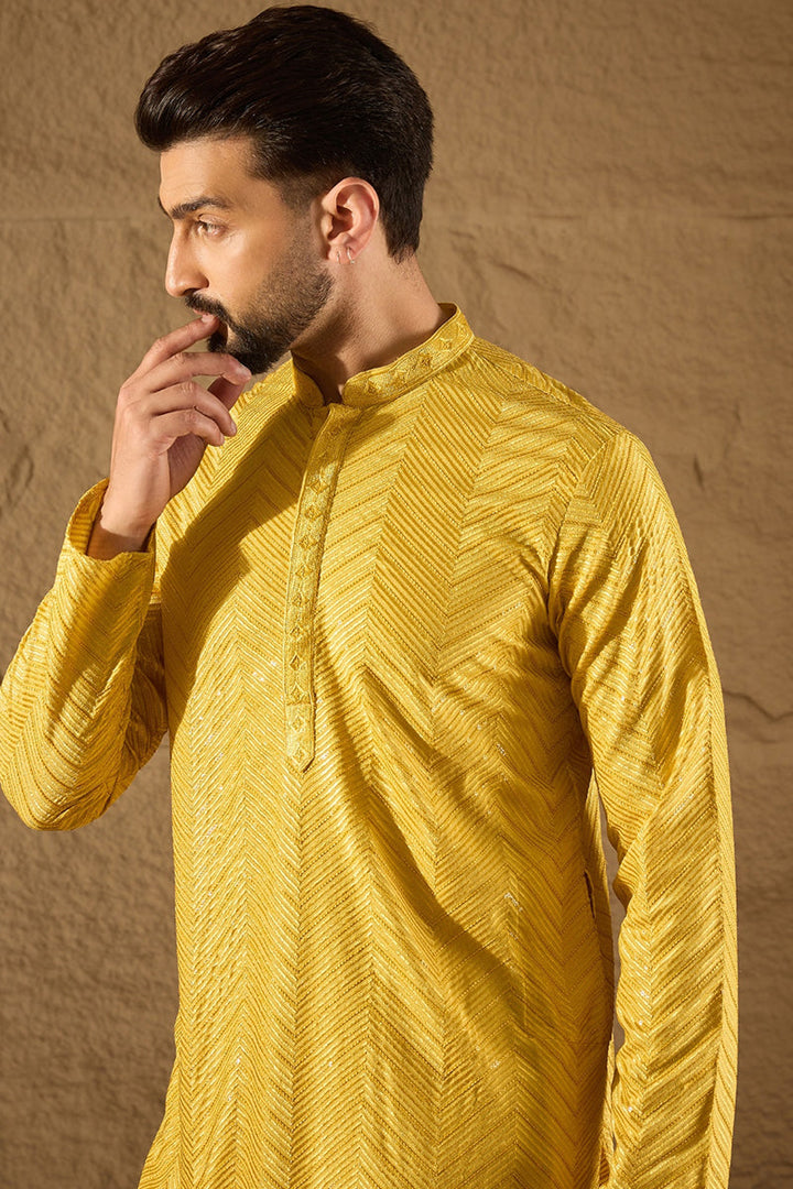 Mens Yellow Viscose Rayon Solid Embroidered Straight Kurta