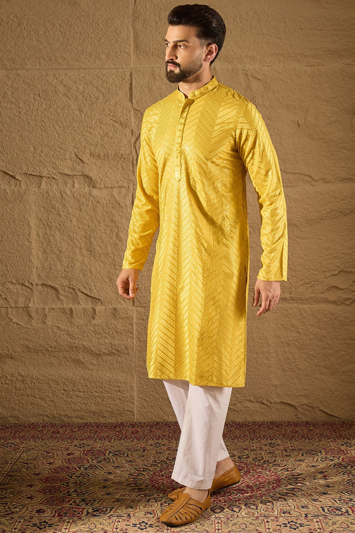 Mens Yellow Viscose Rayon Solid Embroidered Straight Kurta