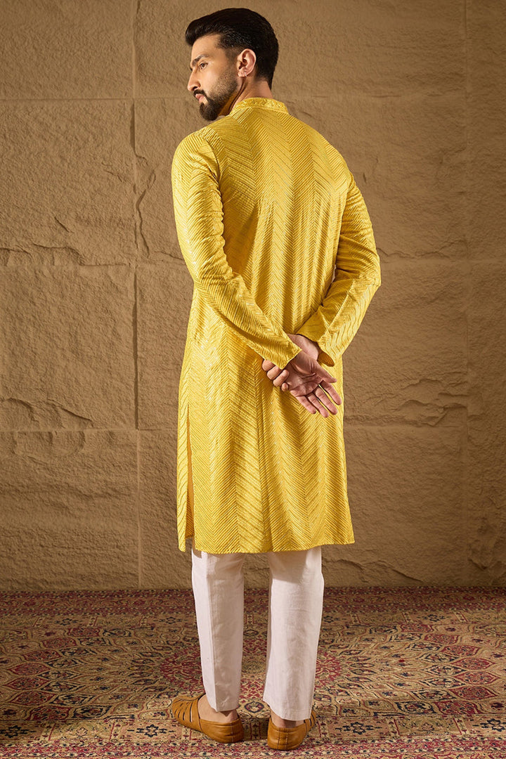 Mens Yellow Viscose Rayon Solid Embroidered Straight Kurta