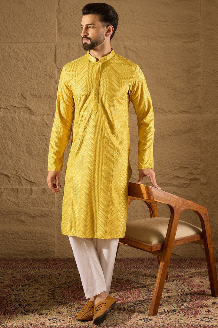 Mens Yellow Viscose Rayon Solid Embroidered Straight Kurta