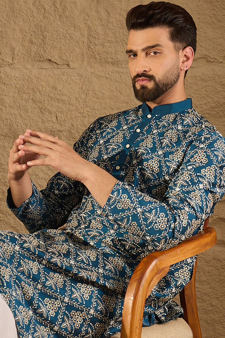 Mens Blue Silk Printed Straight Kurta