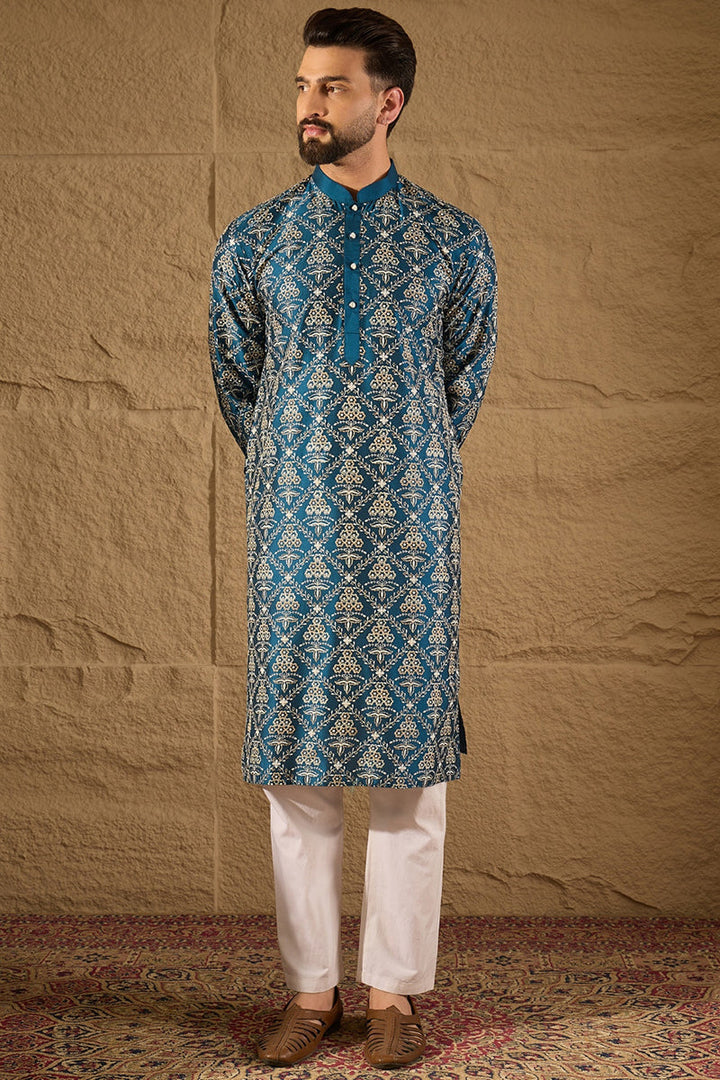 Mens Blue Silk Printed Straight Kurta