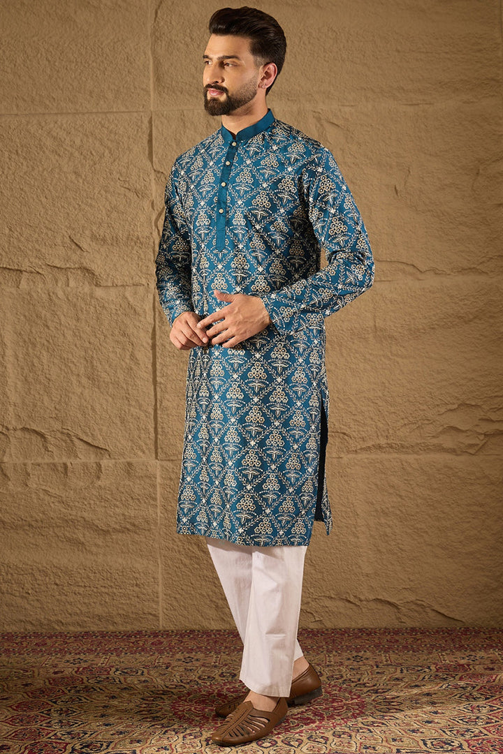 Mens Blue Silk Printed Straight Kurta