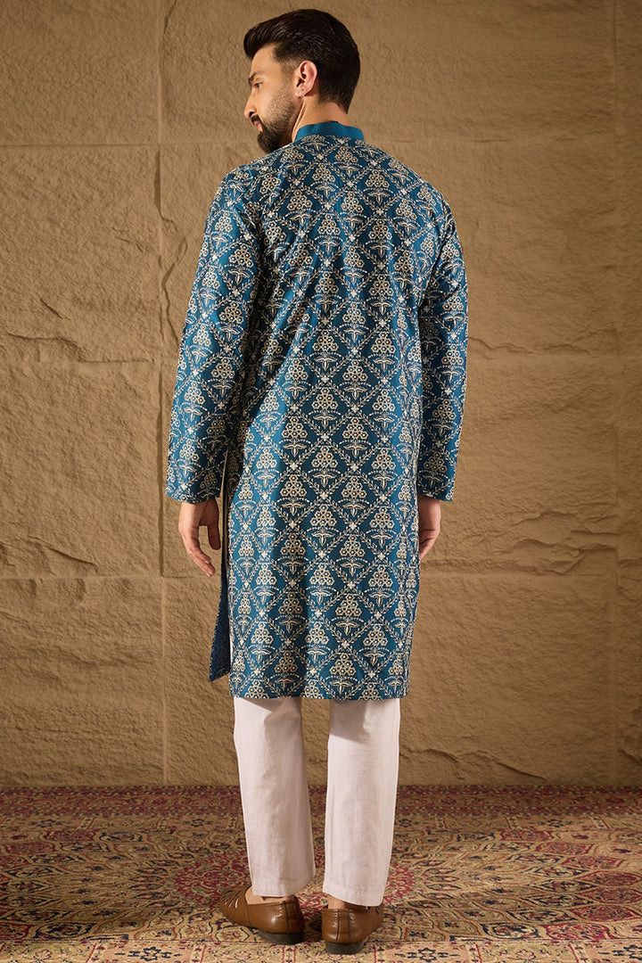 Mens Blue Silk Printed Straight Kurta