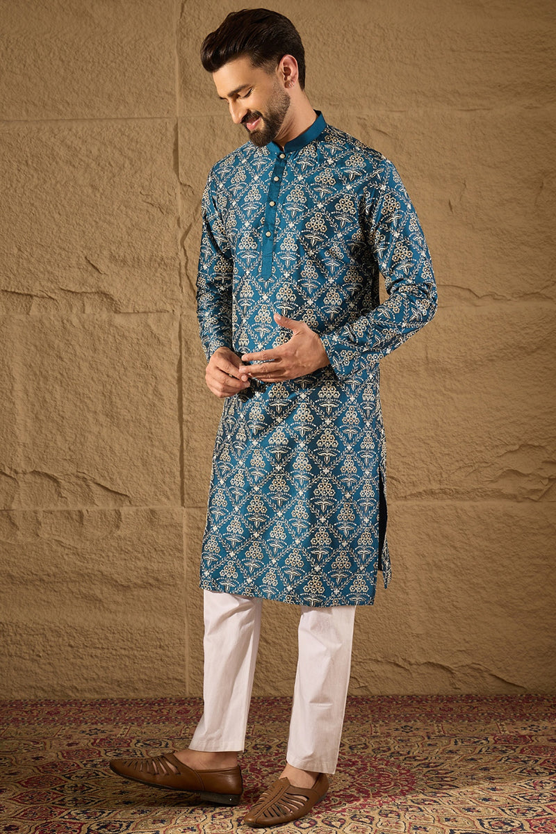 Mens Blue Silk Printed Straight Kurta