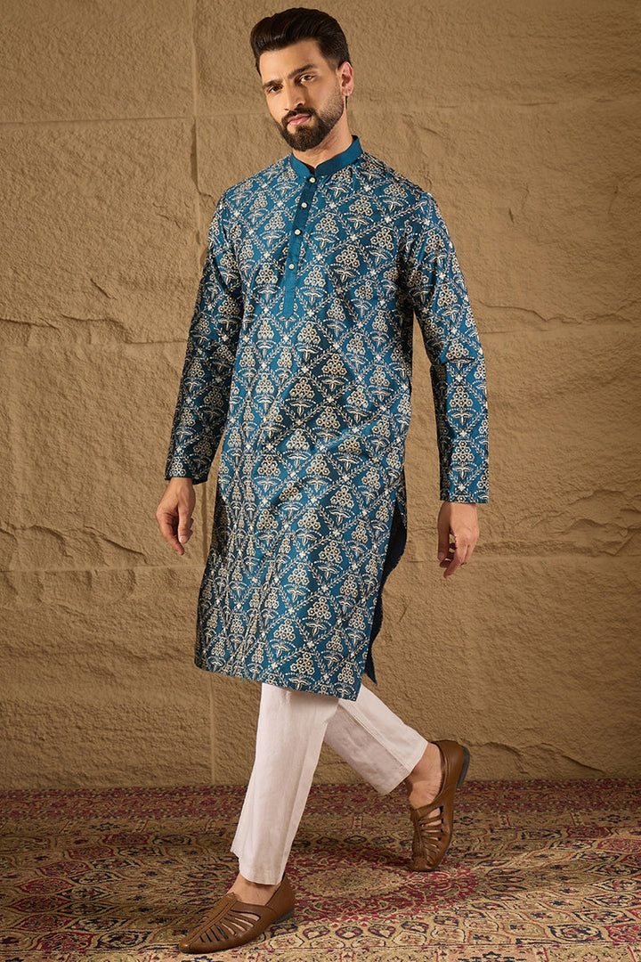 Mens Blue Silk Printed Straight Kurta