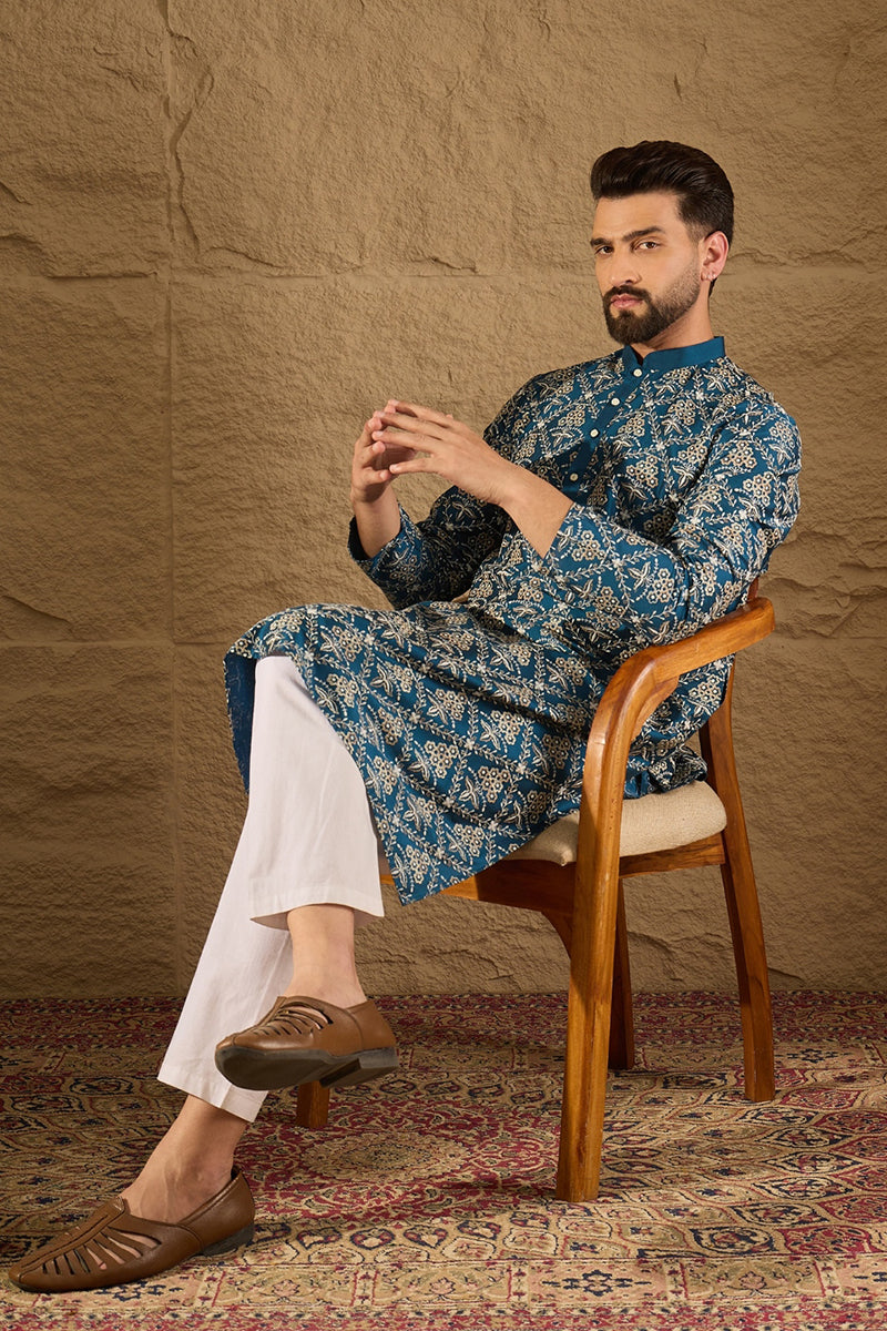 Mens Blue Silk Printed Straight Kurta