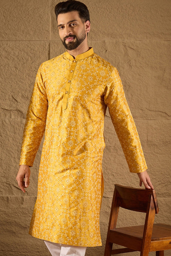 Mens Yellow Silk Geometric Printed Straight Kurta
