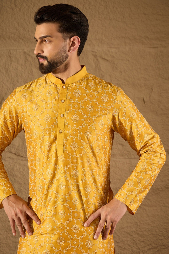 Mens Yellow Silk Geometric Printed Straight Kurta