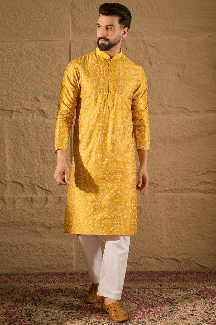 Mens Yellow Silk Geometric Printed Straight Kurta
