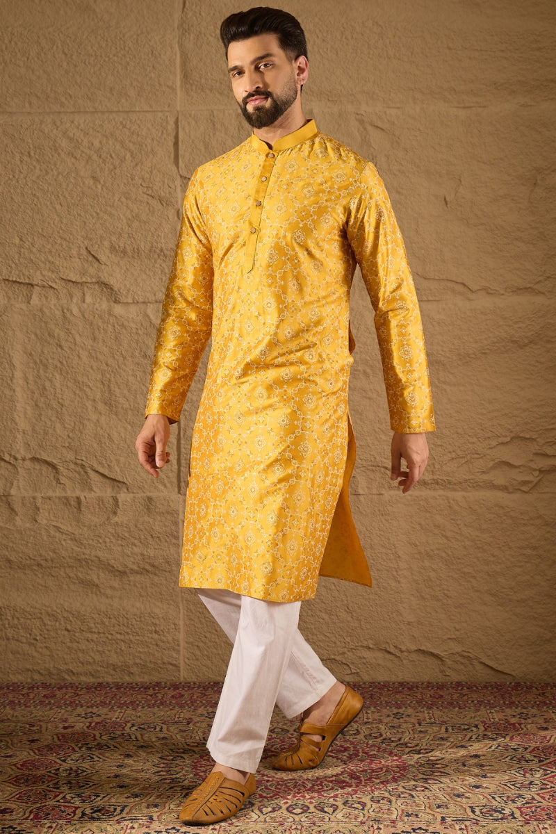 Mens Yellow Silk Geometric Printed Straight Kurta