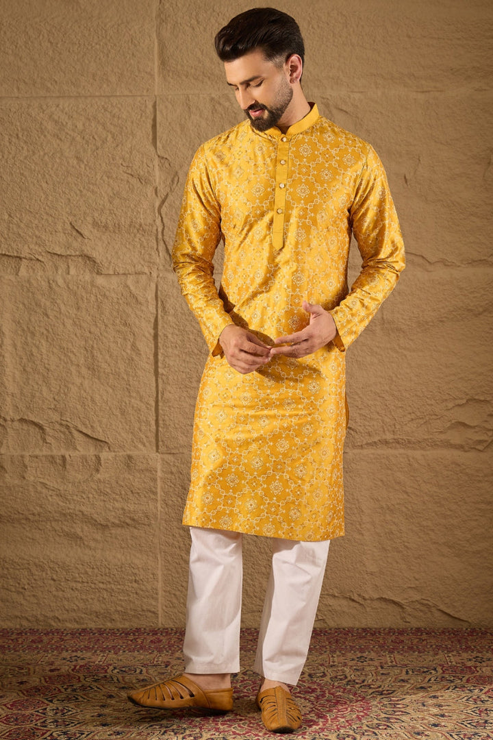 Mens Yellow Silk Geometric Printed Straight Kurta