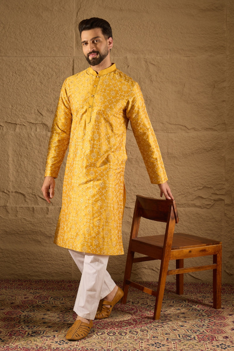Mens Yellow Silk Geometric Printed Straight Kurta
