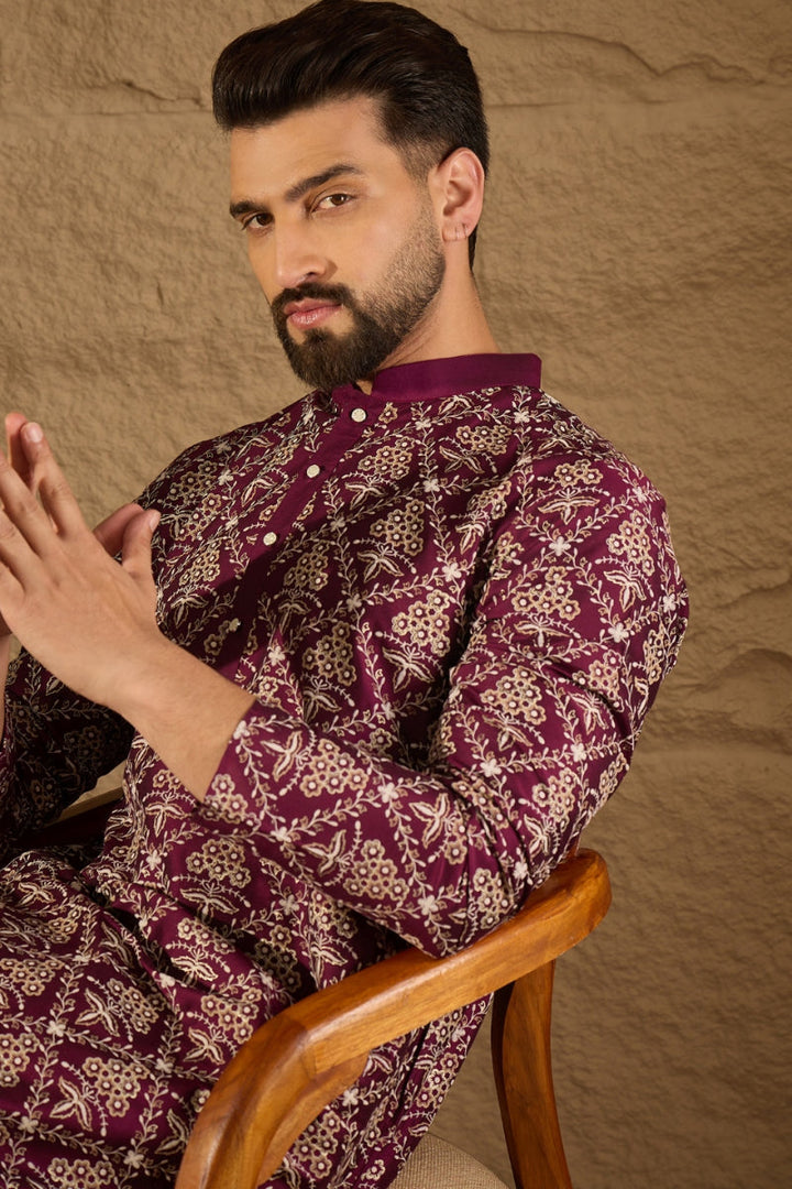 Mens Purple Silk Printed Straight Kurta