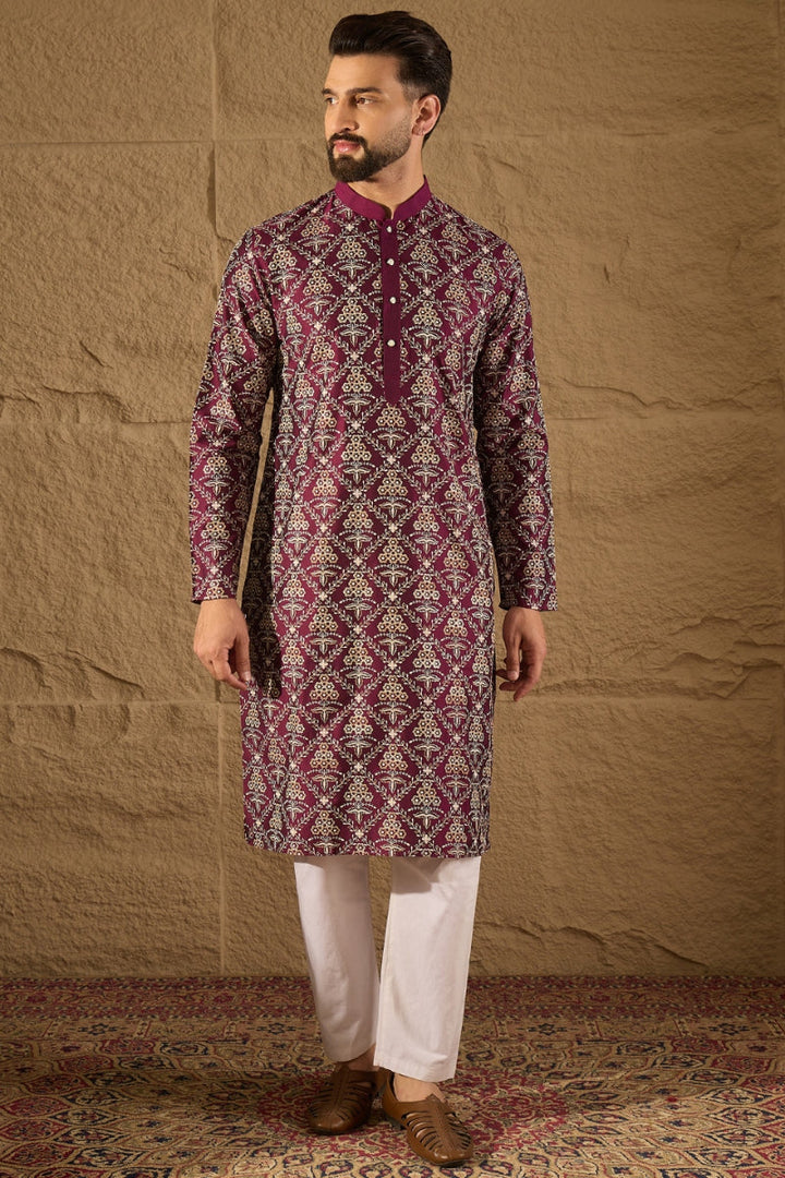 Mens Purple Silk Printed Straight Kurta