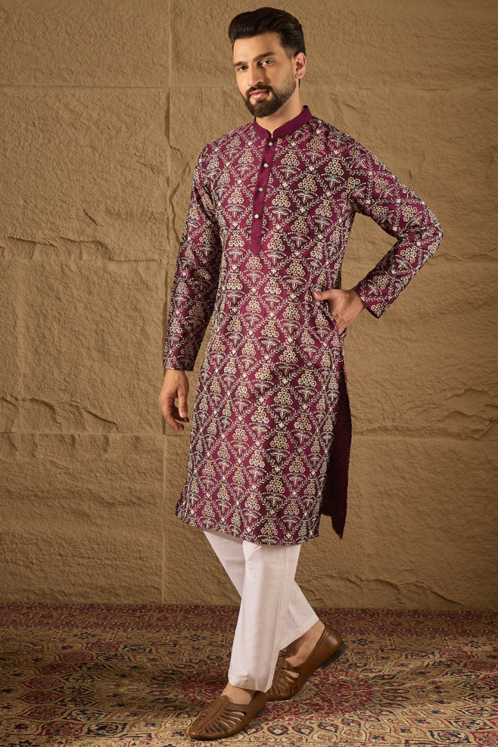 Mens Purple Silk Printed Straight Kurta